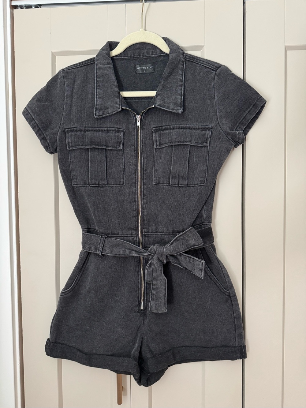 White Fox Boutique Black Denim Utility Romper